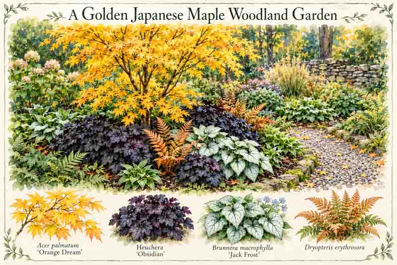 Garden Plan, Golden Japanese Maple Woodland Garden with Acer palmatum 'Orange Dream', Heuchera 'Obsidian', Brunnera macrophylla 'Jack Frost', Dryopteris erythrosora