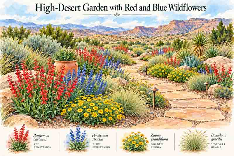 Garden Plan, High-Desert Garden with Red and Blue Wildflowers. Penstemon barbatus, Penstemon strictus, Zinnia grandiflora, Bouteloua gracilis