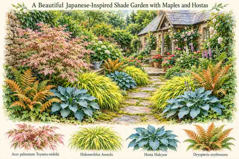 Garden Plan, Japanese Shade Garden with acer palmatum , Hakonechloa 'Aureola', Hosta 'Halcyon', Dryopteris erythrosora