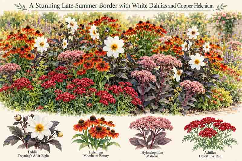Garden Plan, Late-Summer Border with Helenium 'Moreheim Beauty', Sedum Matron and Achillea 'Desert Eve Red', Dahlia 'Twyning's After Eight'