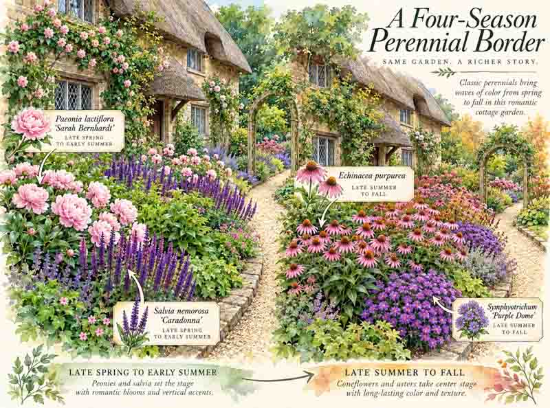 Garden plan - Perennial Border from Spring to Fall. Plants include Paeonia lactiflora 'Sarah Bernhardt', Salvia nemorosa 'Caradonna', Echinacea purpurea, Symphyotrichum 'Purple Dome'