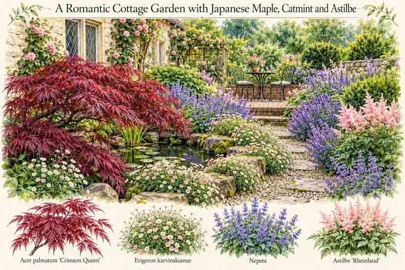 Garden Plan, Romantic Cottage Garden with Acer palmatum Crimson Queen, Erigeron, Nepeta, Astilbe Rheinlandpng