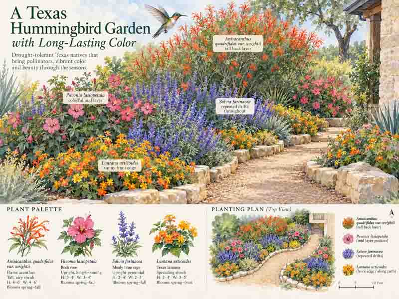 Garden Plan, Texas Hummingbird Garden with Long-Lasting Color. Plants include Anisacanthus quadrifidus var. wrightii, Pavonia lasiopetala, Salvia farinacea, lantana urticoides