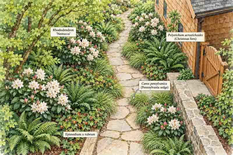 Watercolor planting plan for a narrow side-yard garden with Rhododendron Nestucca, Christmas Fern, Red Barrenwort, and Pennsylvania Sedge