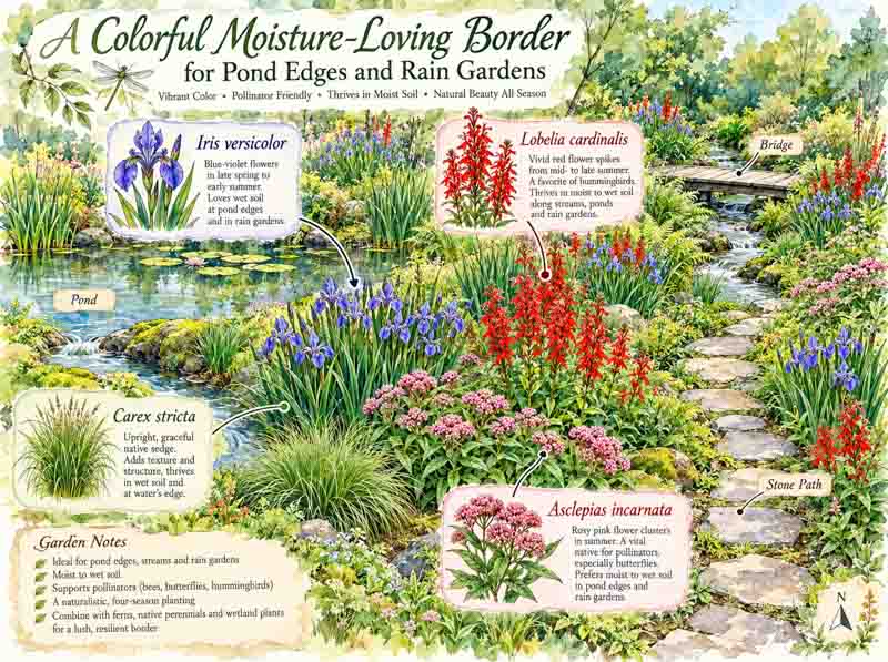 Garden Plan for a Moisture-loving garden with Iris versicolor, Lobelia cardinalis, Asclepias incarnata, Carex stricta