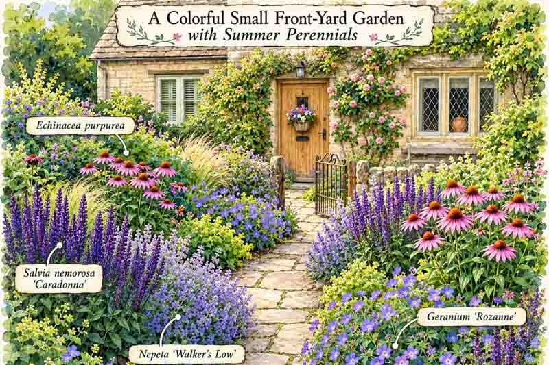 Garden map cottage garden with with Salvia nemorosa 'Caradonna', Nepeta 'Walker's Low', Geranium 'Rozanne', Echinacea purpurea