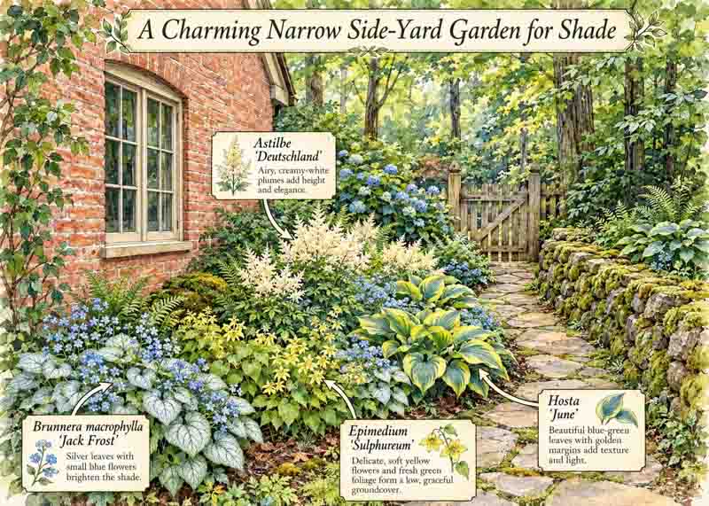 Garden map for Brunnera macrophylla 'Jack Frost', Hosta ‘June', Astilbe 'Deutschland', Epimedium ’Sulfureum'