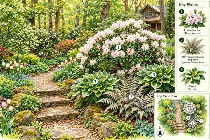 Garden map for Rhododendron 'Dora Amateis', Athyrium niponicum var. pictum, Hosta 'Patriot'