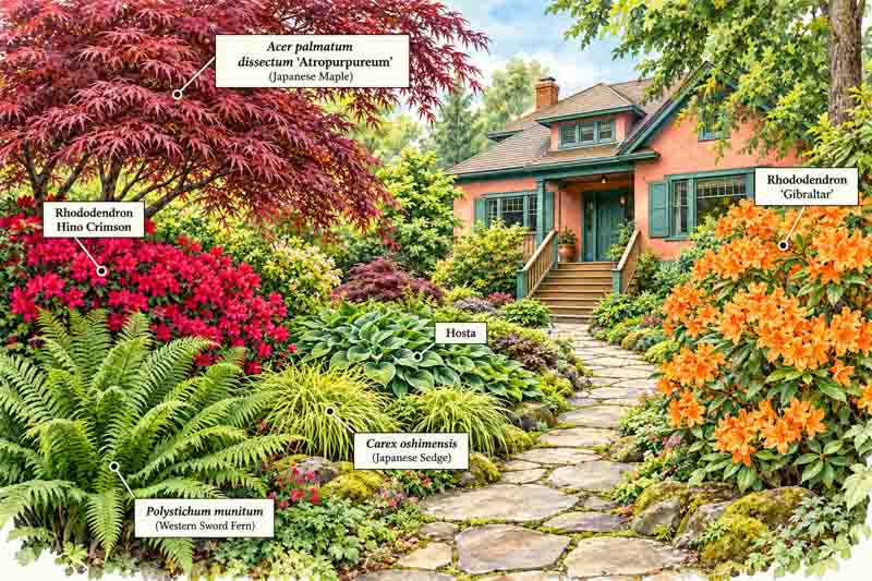 Garden map for Rhododendron Gibraltar, Rhododendron Hino Crimson, Acer palmatum dissected atropurpureum cultivar, Polystichum munitum, Carex oshimensis + Hosta