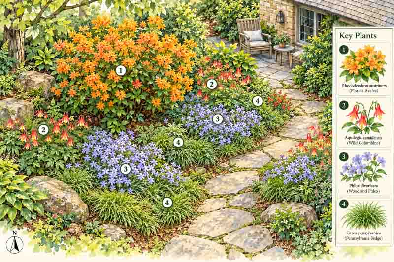 Garden map for Rhododendron austrinum + Aquilegia canadensis+ Phlox divaricata + Carex pensylvanica