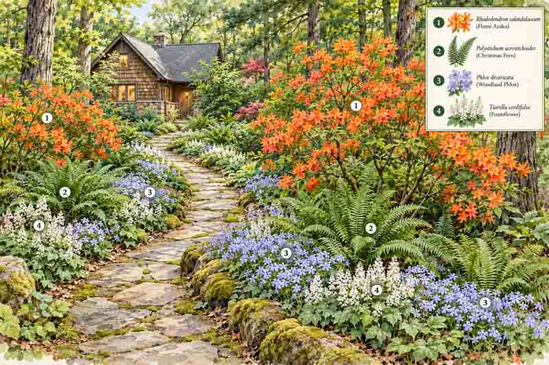 Garden map for Rhododendron calendulaceum + Polystichum acrostichoides + Phlox divaricata + Tiarella cordifolia