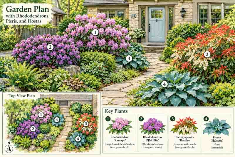 Garden map for Rhododendron ‘Ramapo’, Rhododendron ‘PJM Elite’, Pieris japonica ‘Bonfire’, Hosta ‘Halcyon