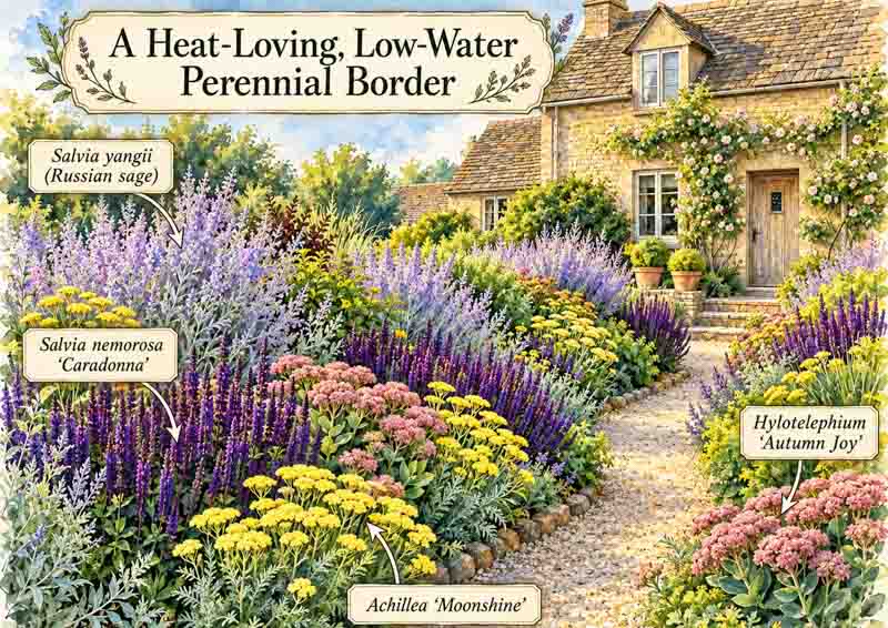 Garden Plan of A Heat-Loving, Low-Water Perennial Border with Salvia yangii (Russian sage), Achillea 'Moonshine', Salvia nemorosa 'Caradonna', Hylotelephium 'Autumn Joy'