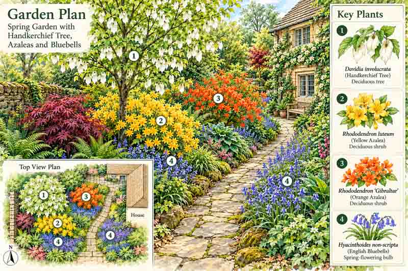 Garden map with Garden with davidia involucrata, rhododendron luteum, rhododendron Gibraltar, English bluebells
