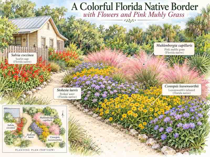 Garden plan, A Colorful Florida Native Butterfly Border with Coreopsis leavenworthii, Stokesia laevis, Salvia coccinea, Muhlenbergia capillaris