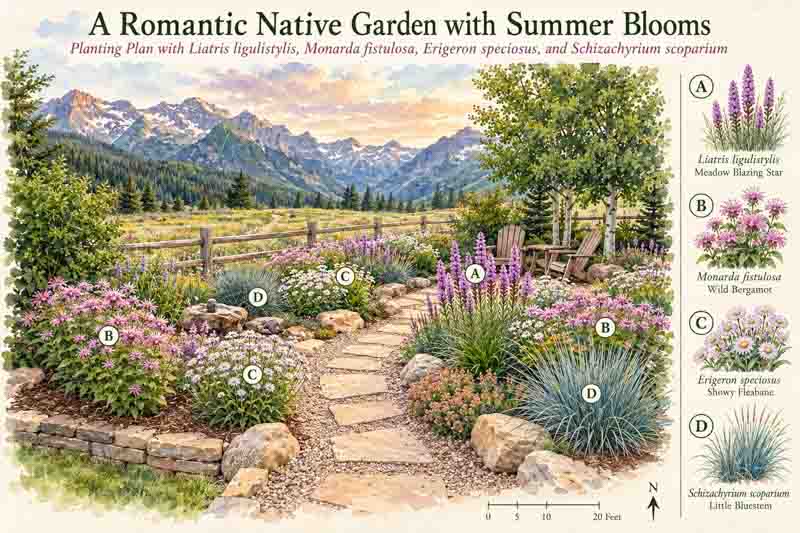 Garden plan, A Romantic Native Garden with Summer Blooms. Liatris ligulistylis, Monarda fistulosa, Erigeron speciosus, Schizachyrium scoparium