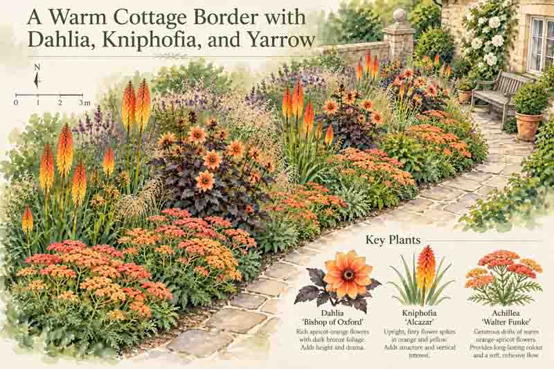 Garden plan, warm cottage border with dahlia, kniphofia, achillea