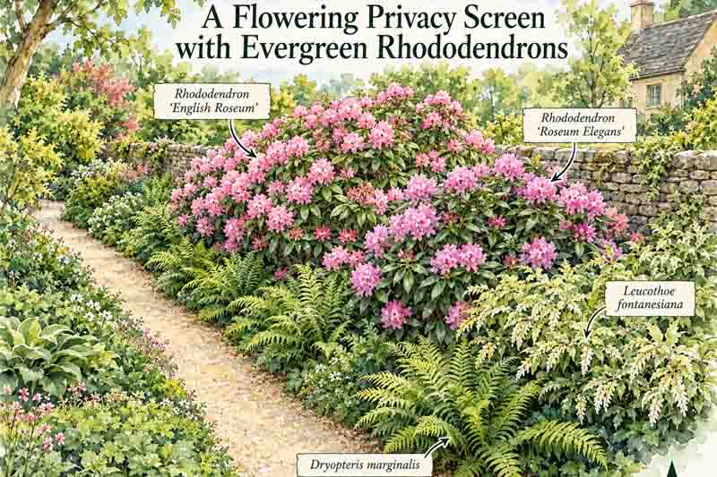 Garden plant for Rhododendron 'English Roseum', Rhododendron 'Roseum Elegans', Leucothoe fontanesiana, Dryopteris marginalis