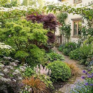 Romantic woodland garden with Acer palmatum 'Shishigashira', Carex testacea 'Prairie Fire', Anthriscus sylvestris 'Ravenswing', Viburnum plicatum, Tiarella, Acer palmatum 'Bloodgood'