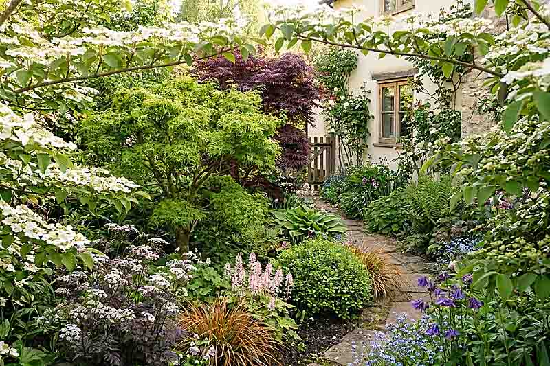 Romantic woodland garden with Acer palmatum 'Shishigashira', Carex testacea 'Prairie Fire', Anthriscus sylvestris 'Ravenswing', Viburnum plicatum, Tiarella, Acer palmatum 'Bloodgood'