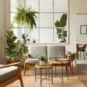 Modern scandinavian interior of living room with design grey sofa, armchair, a lot of plants, coffee table, carpet and personal accessories in cozy home decor