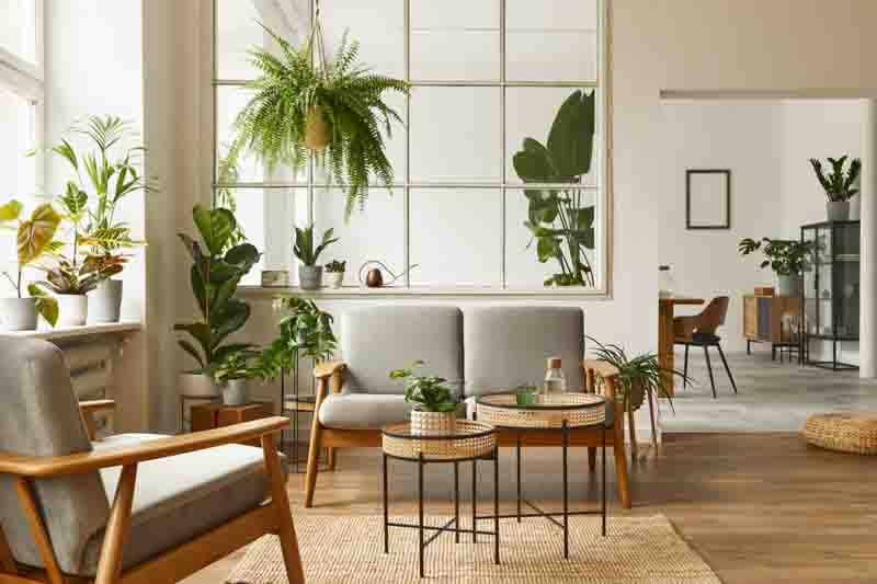 Modern scandinavian interior of living room with design grey sofa, armchair, a lot of plants, coffee table, carpet and personal accessories in cozy home decor