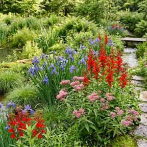 Moisture-loving garden with Iris versicolor, Lobelia cardinalis, Asclepias incarnata, Carex stricta