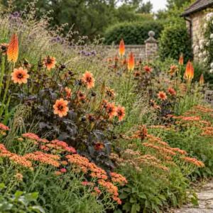 Naturalistic Cottage Garden Border, Achillea, Kniphofia, Dahlia