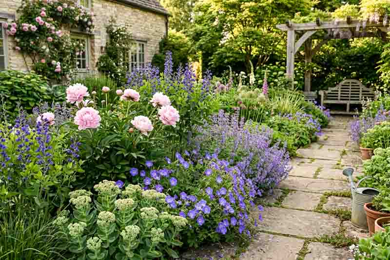 Paeonia lactiflora (Herbaceous Peony), Baptisia australis (Blue False Indigo), Nepeta 'Walker's Low' (Catmint), Geranium 'Rozanne' (Hardy Geranium), Hylotelephium 'Autumn Joy' (Upright Stonecrop)