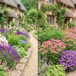 Perennial Border from Spring to Fall. Plants include Paeonia lactiflora 'Sarah Bernhardt', Salvia nemorosa 'Caradonna', Echinacea purpurea, Symphyotrichum 'Purple Dome'