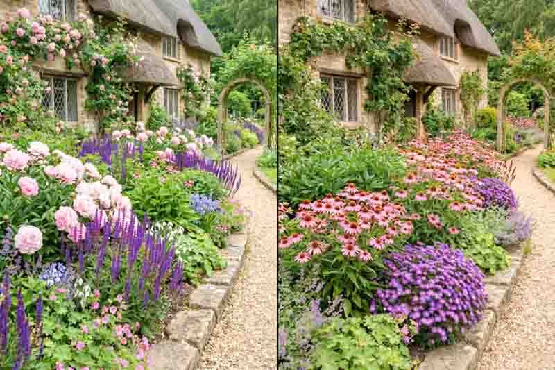 Perennial Border from Spring to Fall. Plants include Paeonia lactiflora 'Sarah Bernhardt', Salvia nemorosa 'Caradonna', Echinacea purpurea, Symphyotrichum 'Purple Dome'
