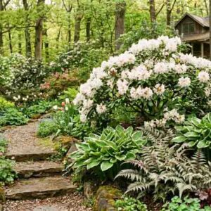 shade garden with Rhododendron 'Dora Amateis', Athyrium niponicum var. pictum, Hosta 'Patriot'