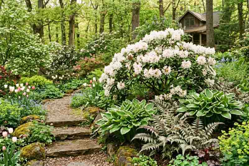shade garden with Rhododendron 'Dora Amateis', Athyrium niponicum var. pictum, Hosta 'Patriot'