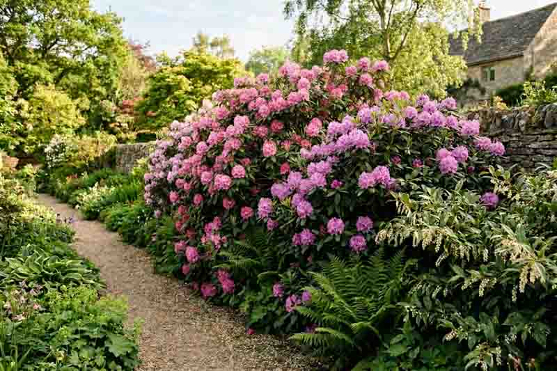 Rhododendron 'English Roseum', Rhododendron 'Roseum Elegans', Leucothoe fontanesiana, Dryopteris marginalis