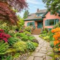 Rhododendron Gibraltar, Rhododendron Hino Crimson, Acer palmatum dissected atropurpureum cultivar, Polystichum munitum, variegated Carex + Hosta