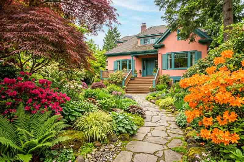 Rhododendron Gibraltar, Rhododendron Hino Crimson, Acer palmatum dissected atropurpureum cultivar, Polystichum munitum, variegated Carex + Hosta