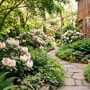 A Charming Narrow Side-Yard Garden with White Rhododendrons