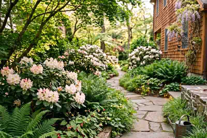 A Charming Narrow Side-Yard Garden with White Rhododendrons