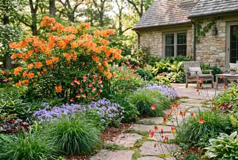 Spring garden with Rhododendron austrinum + Aquilegia canadensis+ Phlox divaricata + Carex pensylvanica