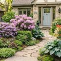 Rhododendron ‘Ramapo’, Rhododendron ‘PJM Elite’, Pieris japonica ‘Bonfire’, Hosta ‘Halcyon