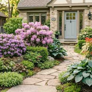 Rhododendron ‘Ramapo’, Rhododendron ‘PJM Elite’, Pieris japonica ‘Bonfire’, Hosta ‘Halcyon