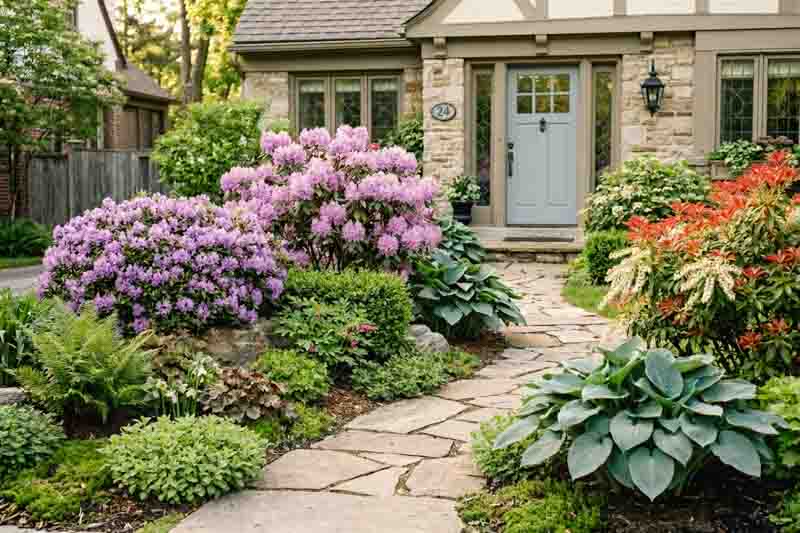 Rhododendron ‘Ramapo’, Rhododendron ‘PJM Elite’, Pieris japonica ‘Bonfire’, Hosta ‘Halcyon