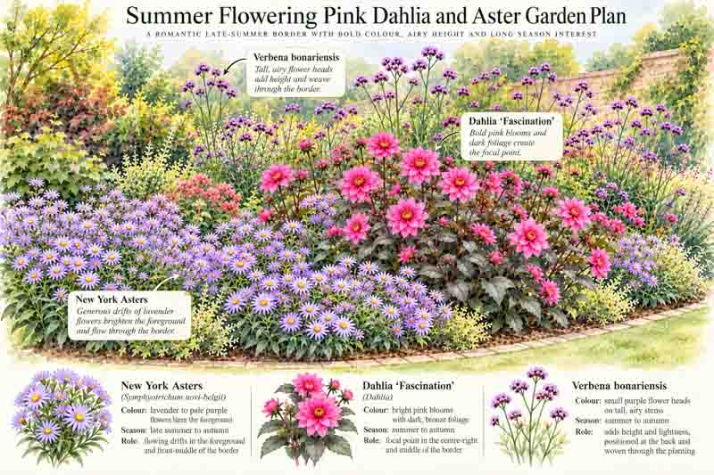 Romantic summer garden plan with pink Dahlia Fascination, lavender-blue New York Asters and purple Verbena bonariensis