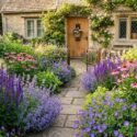 Small Front-Yard Perennial Garden with Salvia nemorosa 'Caradonna', Nepeta 'Walker's Low', Geranium 'Rozanne', Echinacea purpurea