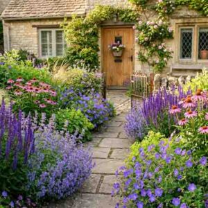 Small Front-Yard Perennial Garden with Salvia nemorosa 'Caradonna', Nepeta 'Walker's Low', Geranium 'Rozanne', Echinacea purpurea