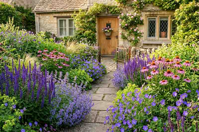 Small Front-Yard Perennial Garden with Salvia nemorosa 'Caradonna', Nepeta 'Walker's Low', Geranium 'Rozanne', Echinacea purpurea