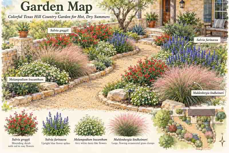 Texas Hill Country Garden Map with Salvia greggii, Salvia farinacea, Melampodium leucanthum, Muhlenbergia lindheimeri