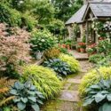 Japanese Shade Garden with acer palmatum , Hakonechloa 'Aureola', Hosta 'Halcyon', Dryopteris erythrosora