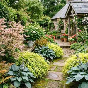 Japanese Shade Garden with acer palmatum , Hakonechloa 'Aureola', Hosta 'Halcyon', Dryopteris erythrosora