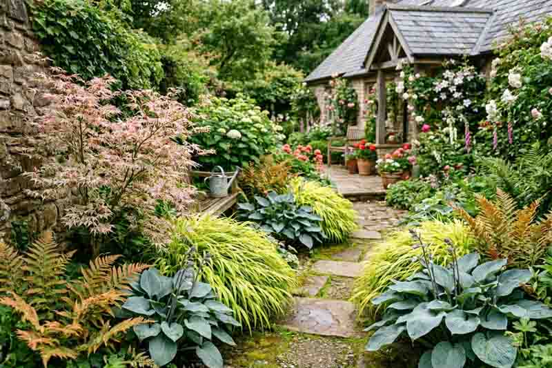 Japanese Shade Garden with acer palmatum , Hakonechloa 'Aureola', Hosta 'Halcyon', Dryopteris erythrosora
